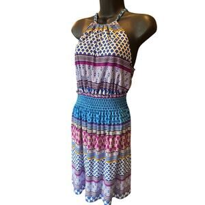Trina Turk Brooke Smocked Waist Halter Midi Dress Size XS Vibrant Print